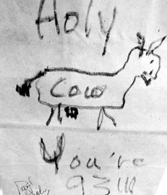 Is it a cow, or is it a goat? It doesn’t really matter when it says “cow” right there on the side of the stick-figure animal. Paul Rhodes/TSnews