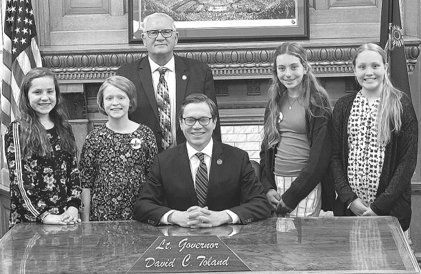 Students from Garden Plain and Cheney traveled to Topeka on March 1 to serve as pages for State Senator Dan Kerschen. Pictured from left are Victoria Rosenhagen, Jenny Kerschen, Lt. Governor David Toland, Sophie Ehling, Abigail Kerschen, and Sen. Kerschen. Victoria and Abigail are the grand children of the Senator. Contributed photo