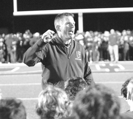 Cheney Cardinals head football coach Shelby Wehrman addresses his team after its regular-season victory over Andale. Wehrman has been named as a Don Fambrough Coach of the Year after leading Cheney to a State championship. Travis Mounts/TSnews