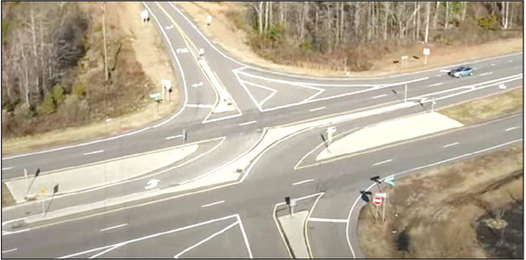 This image, captured from a Federal Highway Administration video on YouTube, shows an example of what an RCUT is. Construction has started on the new RCUT in Goddard. The RCUT in Goddard won’t look just like this example, but it will allow drivers easier access into the STAR bond district. Federal Highway Administration