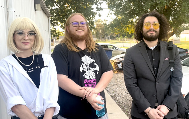 Travis Mounts/TSnews Hunter Gromala, left, visits with media following Wednesday&#39;s meeting of the Sedgwick County Fair Association. Also pictured are band members Nick Ramsey, center, and Ryan O&#39;Neal.