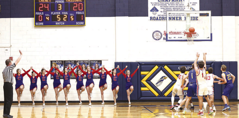 The Cheney cheerleaders watch as the Cardinals’ Jack Voth makes a free throw during Saturday’s game. Andrea McDaniel/Contributed photo