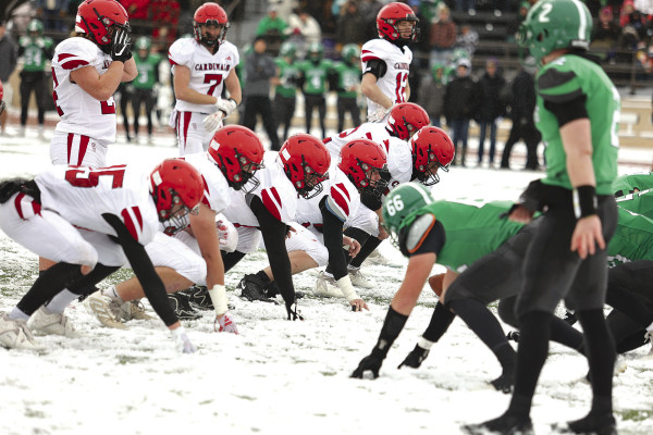The Conway Springs’ defense lines up against Jefferson County North. The Cardinals gave up just one touchdown in a 35-6 victory over the Chargers, giving the Cardinals their eighth State championship. Stephanie McKennon/TSnews