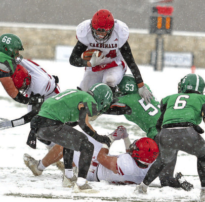 Nathan Berntsen clears the line of scrimmage for an important gain that set up a Conway Springs’ touchdown. Stephanie McKennon/TSnews