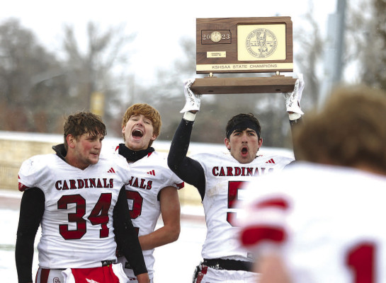 The Cheney Cardinals, top, and the Conway Springs Cardinals, above, celebrate their State championships on Saturday. Cheney won the Class 3A title in Hutchinson, their first in school history, and Conway Springs won the 1A crown in Hays, its eighth State football championship. Read more in Sports, Page B1. Travis Mounts and Stephanie McKennon