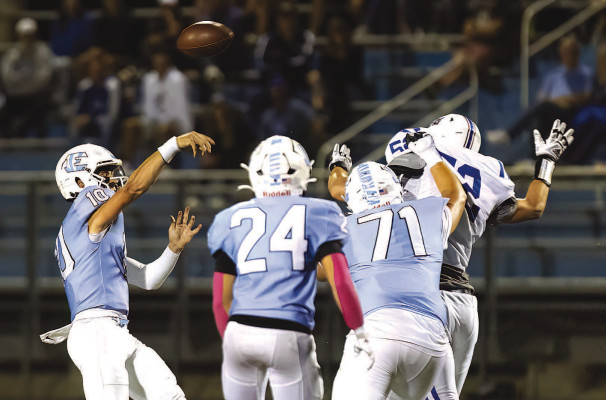 Derek Morgan throws a pass during the second half of Eisenhower’s come-from-behind victory over Andover. Morgan threw to wide receiver Carter Pabst several times on the game-winning drive, including on the touchdown that gave Eisenhower its fifth win of the season. The Tigers are 5-0. Matt Bucher/TSnews