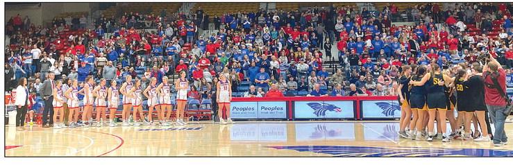 The Cheney Cardinals, at left, line up to congratulate the Goodland Cowgirls, who beat the Cardinals on Saturday in the Class 3A State championship basketball game. Cheney has won State championships in 2010 and 2021, and placed second in 1991, 2011, 2017, 2019 and 2023. The Cardinals were a heavy favorite in 2020, when the COVID-19 pandemic canceled the State tournaments after the first round. Cheney had won to advance to the final four that year. Travis Mounts/TSnews