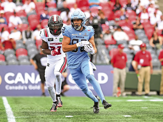Tyler Kahmann makes a catch for the Toronto Argonauts during a game against the Ottawa Redblacks on June 20. Kahmann is among the leading touchdown catchers this season in the Canadian Football League. Toronto Argonauts/Contributed photo