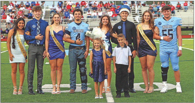 ABOVE: The Clearwater High School homecoming coronation took place Friday night before kickoff of the Indians’ football game against Cheney. BELOW: The candidate couples were, from left, Taryne Fisher and Aaron Foley, Brylie Christiansen and Brayden Weidman, Alaina Smith and Curtis Campa, and Noemi Downs and Austin Hasting. Taryne Fisher and Aaron Foley were voted the queen and king. Andrea McDaniel/TSnews