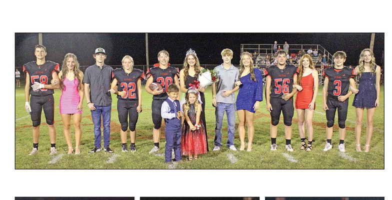 ABOVE: The Argonia High School homecoming court, pictured at halftime of Friday night’s game. BELOW: The homecoming king and queen candidates were, from left, Carson Vineyard and Tori Morrison, Trent Haines and Autumn Coleman, and Christopher Lumley and Abigail Paxson. Vineyard and Morrison were crowned as the homecoming king and queen. Travis Mounts/TSnews