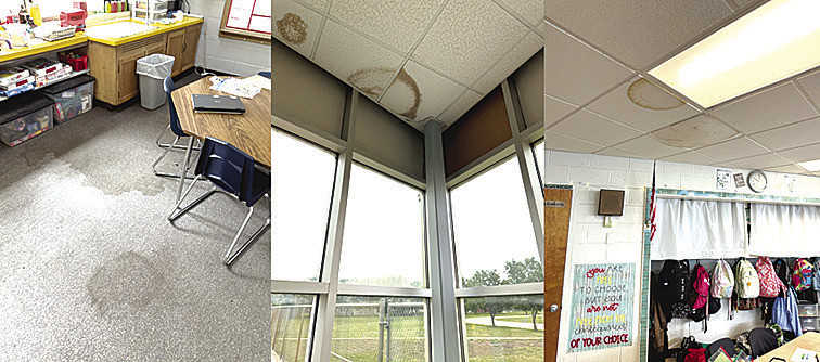 Photos provided by Haysville Public Schools show examples of water leaks at buildings in the district. School leaders are considering a bond proposal that would address roof issues, heating and air conditioning, and more at buildings in the district. Community meetings are planned to get input from USD 261 patrons. Contributed photo