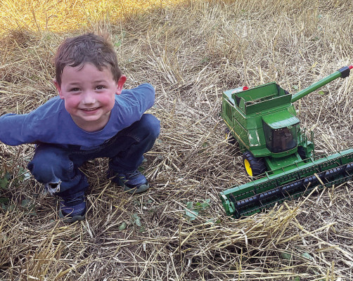 Teddy Kissick of Ulysses poses in Sedgwick County with his green combine toy. The photos was submitted by Pam Rogers, whose daughter comes home for harvest every year. Kissick, Rogers’ grandson, brought his toy combine to help. Contributed photo