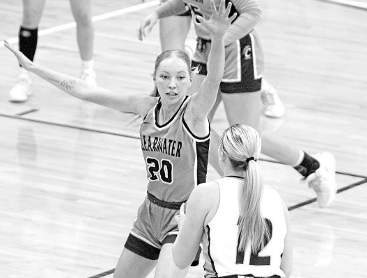 Camryn Carlson defends an Andale player during the second quarter of Saturday’s road game. Clearwater trailed by just 4 points at halftime, but saw Andale pull away in the second half. Travis Mounts/TSnews