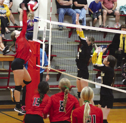 Emily Coleman attempts a kill during last Saturday’s volleyball tournament in Norwich. Argonia won the tournament for a third straight year, picking up five victories. Contributed photo