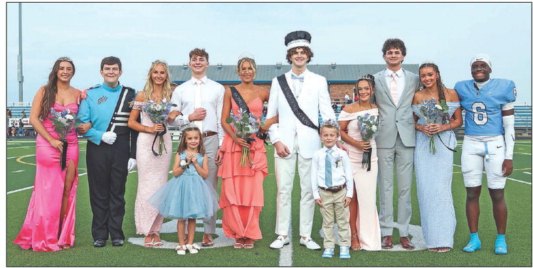 ABOVE: Eisenhower High School held its fall homecoming crowning before the Tigers played the Salina Central Mustangs on Friday night at Goddard District Stadium. BELOW: The homecoming candidates were, from left, Talia Fawson and Dylan Patterson, Bryana Loera and Cooper Rohr, Kaeleigh Shamburger and Levi Shurtz, Emmarie Barger and Brett Day, and Tessa Carson and Timi Moronfolu. Brett Day and Tessa Carson were crowned as the king and queen. Matt Bucher/Ginger Viking Fotos