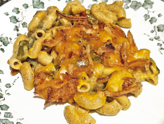 This green bean casserole macaroni and cheese is dense and decadent and definitely not healthy, but it would be a great addition to a holiday meal or potluck.