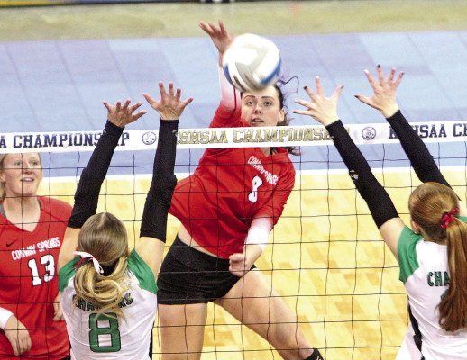 Miley Pauly attempts a kill as the Cardinals begin play in the Class 2A State volleyball tournament against Jefferson County North. Travis Mounts/TSnews