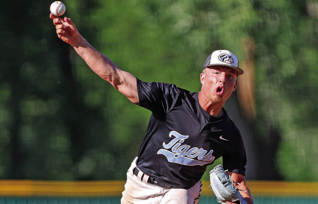 Eisenhower pitcher Max Warden pitches during the Tigers’ regional championship victory against the Bishop Carroll Golden Eagles. The 2-0 win last week advanced the Tigers to this week’s Class 5A State tournament. Matt Bucher/Ginger Viking Fotos