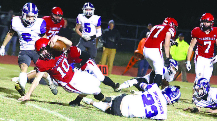 Logan Osner dives across the goal line for a touchdown during the first half of Conway Springs’ substate playoff win over Valley Heights. At one point in the second half, the Cardinals led the Mustangs 55-6. Stephanie McKennon/TSnews