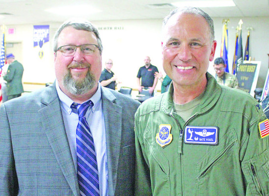 Haysville Mayor Russ Kessler and Col. Nate Vogel, the now-former commander of the 22nd Air Refueling Wing at McConnell Air Force Base, pose together at last month’s Purple Heart City ceremony, held at the Haysville VFW. Travis Mounts/TSnews