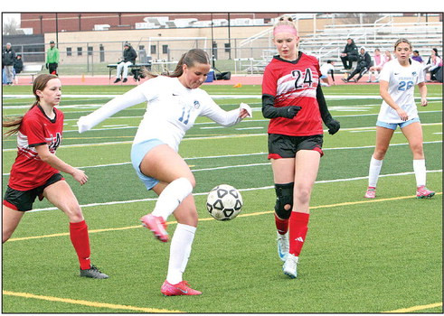 Reagan Best of Eisenhower takes a shot at the goal during the Tigers’ championship win over the Rose Hill Rockets last week. The Tigers beat the Rockets 4-0, and shut out their three opponents in the tournament by a combined score of 16-0. Eisenhower is at the top of the Class 5A West regional standings. Travis Mounts/TSnews