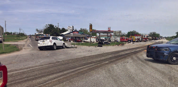 A multi-vehicle crash on Tuesday afternoon closed K-42 Highway just north of Viola where K-49 (263rd Street West) and 111th Street South meet. One vehicle wound up in the ditch near the gas pumps at Viola Groceries. Further details were not available at press time on Tuesday. Contributed photo