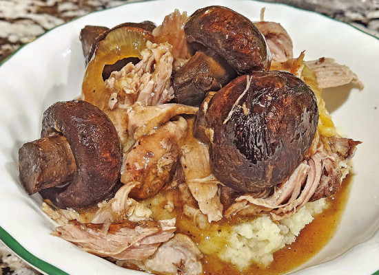 Crockpot mushroom pork butt is a homey, simple dinner that is awesome over a big pile of mashed potatoes.