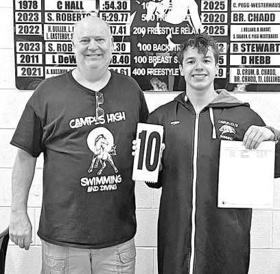 Campus High School diver Kenton Holmes recorded the first perfect dives of 10 in school history last week, and broke his own 11-dive record twice. He is pictured with dive coach Steven Crum. Contributed photo