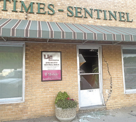 A car caused significant damage to the Times-Sentinel building when it crashed into the main entrance last Thursday. The building will be closed to the public indefinitely while repairs are made. Travis Mounts/TSnews