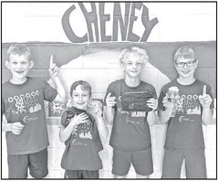 The winners of the Kansas stock market game were, from left, Bryant Bergkamp, Dominic Albers, McKoy Young, and Trae McDaniel. Contributed photo