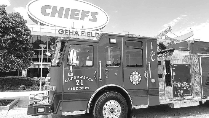 Clearwater’s brand new fire truck makes a stop at Arrowhead Stadium in Kansas City. Coming from Wisconsin, the truck also made a visit to Lambeau Field in Green Bay on its trip to Clearwater. Contributed photo