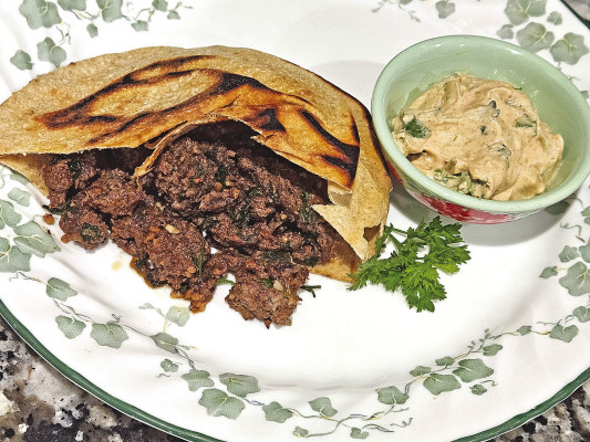 These are called “almost arayes” because they weren’t cooked inside the pita like the traditional Lebanese dish, but they are still jam-packed with flavor from Middle Eastern spices, fresh herbs and a zingy sauce on the side.