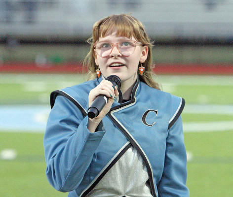 Clearwater High School senior band member Hayden Graves performs “The Star-Spangled Banner” before last Friday’s home football game. Travis Mounts/TSnews