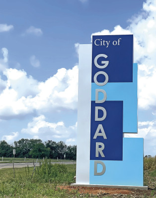 A new welcoming sign was recently erected on Goddard’s east edge at the corner of U.S. Highway 54 and 167th Street West. Travis Mounts/TSnews