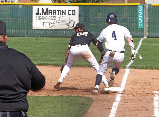 The Clearwater Indians’ Easton Carter beats out a throw to first base early in the first of two games played last week against the visiting Andale-Garden Plain Indians. AGP won the first game, while Clearwater was victorious in the second game. Travis Mounts/TSnews