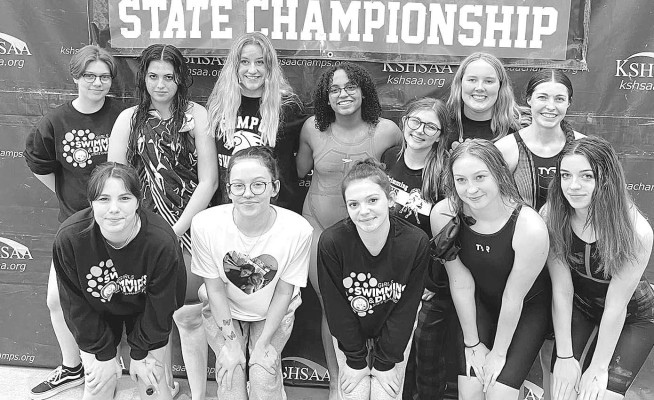Swimmers from Campus, Clearwater and Norwich pose together at last week’s State swim meet. The athletes were on three teams at State, but competed as a single unit during the regular season. Contributed photo