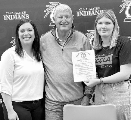 Clearwater Mayor Burt Ussery, center, signed a proclamation on Monday to recognize February as National Career and Technical Education Month. Also pictured are Ashley Weber, left, Clearwater High School FCCLA advisor, and Hannah Schauf, FCCLA chapter officer. Contributed photo