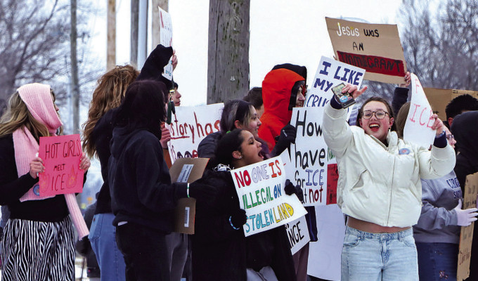 Students from Goddard High School and Eisenhower High School left school early on Friday to protest recent ICE enforcement actions in Minneapolis, where two protesters have been killed. Contributed photo