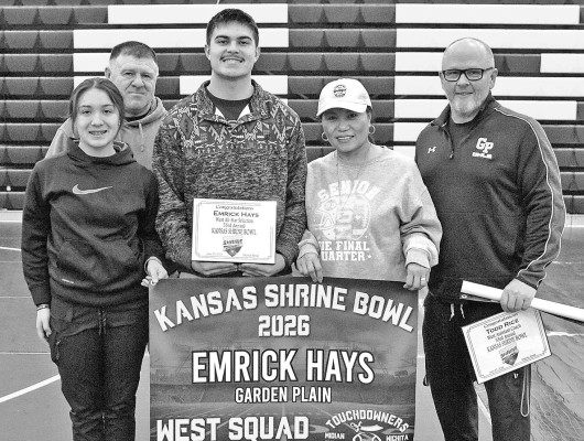Emrick Hays and Todd Rice received their official invitations to the 2026 Kansas Shrine Bowl last Friday at Garden Plain's home wrestling meet. Hays will be a linebacker for the West Squad, and Rice will serve as an assistant coach representing Class 2A. Other local players named to this year's Shrine Bowl are Nolan Durr of Cheney and Braxton Koller of Goddard. The game will be played June 27 at Emporia State University's Welch Stadium. Contributed photo