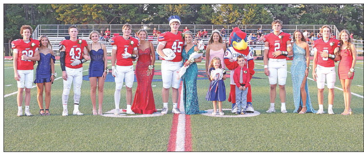 ABOVE: The homecoming court at Cheney High School pictured during Friday night’s coronation, just before kickoff of the Cardinals’ football game against the visiting Cardinals of Hoisington. BELOW: The king and queen candidates were, from left, Deitric McDaniel and Raegen Black, Reece Tolar and Karli Inslee, and Nolan Durr and Addison Bearley. Durr and Bearley were crowned as homecoming king and queen. Andrea McDaniel/TSnews