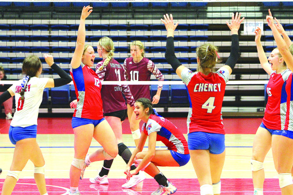 The Cheney Cardinals celebrate a points against Heritage Christian Academy during Saturday’s Class 3A semifinal match in Hutchinson. HCA beat Cheney and went on to win the State title. Cheney placed fourth.