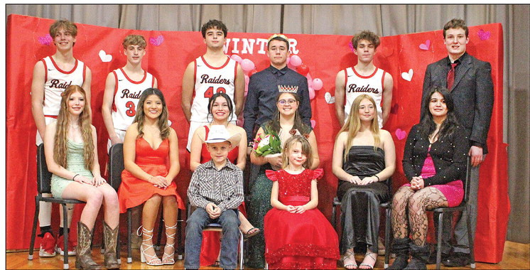 ABOVE: Last Friday, Argonia High School celebrated winter homecoming. Jenni Baker and Lincoln Warner were crowned as queen and king. BELOW: The three senior homecoming candidate couples were, from left, Jenni Baker and Silas Boetcher, Nelly Larson and Manuel Fernandez, and Annamay Patterson and Lincoln Warner. Travis Mounts/TSnews