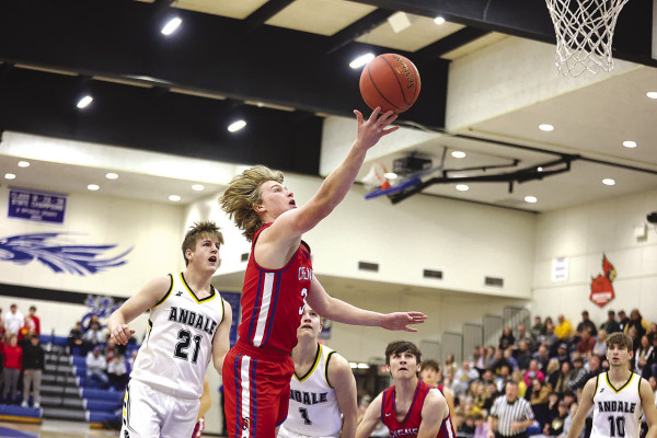 Josh Burdick drives to the basket for the Cheney Cardinals during their overtime win against Andale in the Adolph Rupp Invitational championship, played Saturday night in Halstead. The Cardinals also beat Andale in overtime during the 2022 title. The teams have battled in the title game four times since 2018, going 2-2. Stephanie McKennon/TSnews