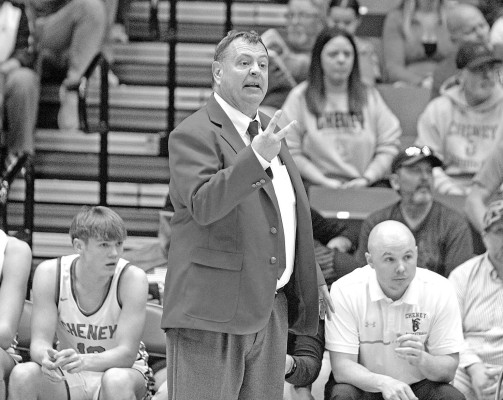 Linndy Frieden gives directions to the Cheney Cardinals at the 2025 Class 3A State basketball tournament. Frieden has stepped down from his coaching position to focus on his health. Travis Mounts/TSnews
