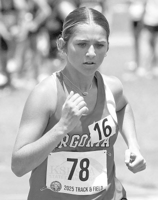 Argonia High School freshman Bailey Haines competes in the Class 1A 1600 meters at the State meet on Saturday. Travis Mounts/TSnews