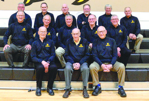 The members of the 1973 Garden Plain Owls State championship basketball gathered recently to celebrates the 50th anniversary of the school’s first State title. Pictured in the front row, from left, are coach Jerry Gerber, principal Bob Albers, and coach Loren Schomaker. Middle row: Martin Kerschen, Tim Pauly, Mark Fisher, Barry Rausch and Jerry Haukap. Back row: Brian Becker, Dave Wendell, Matt Hilger Jr., John Bergkamp, Scott Schauf and Jerry Pauly. Contributed photo