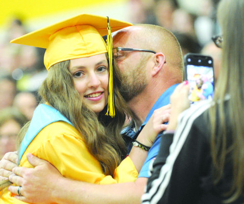 Garden Plain High School graduate Alyssa Hunter gets a kiss on the cheek from her father, as her mother records the moment during Sunday’s graduation ceremony. Students at seven local high schools received their diplomas over the past week. Photos can be seen on Page B1, and subscribers can see our online photo albums at tsnews.com. Be sure to pick up next Thursday’s TSnews, which will include our Salute to Seniors graduation keepsake. Dale Stelz/TSnews