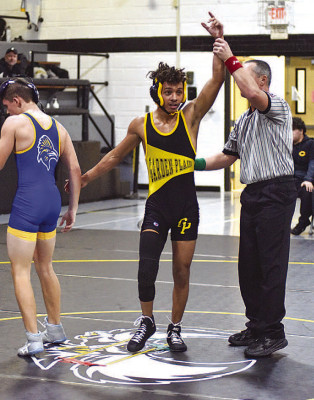 Ezri Kidd comes up victorious in a match against another wrestler from Chaparral at Garden Plain last week. John Bloomquist/Contributed photo