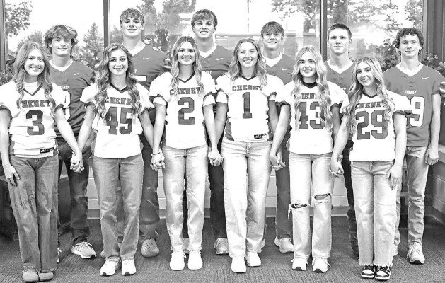 Cheney High School fall homecoming will take place on Friday. The homecoming court includes, from row from left, attendant Ella Gregory, queen candidates Addison Bearley, Karli Inslee and Raegen Black, and attendants Kenadi Thome and Presley Young. Pictured in back from left are attendant Sam Johnson, king candidates Nolan Durr, Reece Tolar and Deitric McDaniel, and attendants Michael Kimble and Jesse Grace. Contributed photo