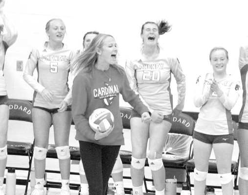 Cheney head volleyball coach Sara Walkup reacts to a winning point during the Cardinals recent appearance at the Goddard volleyball tournament. Walkup was recently named to the Kansas Sports Hall of Fame for her playing career. Travis Mounts/TSnews